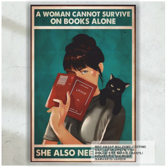 kitap okuyan kadın ve kara kedi ev dekorasyon tablo retro ahşap poster
