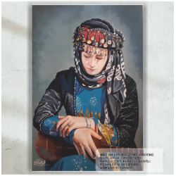 bağlama saz çalan anadolu kadını otantik müzik retro ahşap poster