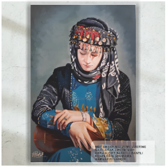 bağlama saz çalan anadolu kadını otantik müzik retro ahşap poster