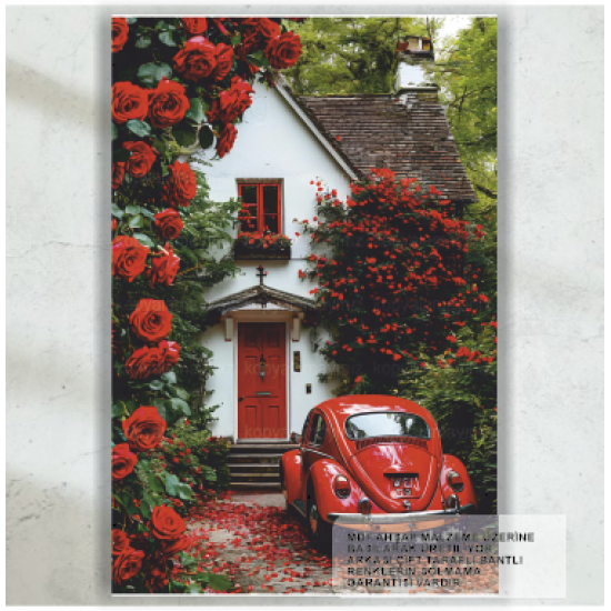 kırmızı panjurlu ev kırmızı çiçekler kırmızı vosvos araba nostaljik retro ahşap poster