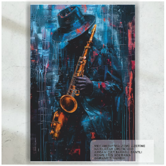 saksafon çalan müzisyen jazz soul yağlıboya ev dekorasyon tablo retro ahşap poster