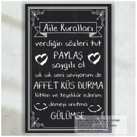 aile kuralları tablosu kara tahta tebeşir görünümlü ev mutfak dekorasyon tablo retro ahşap poster