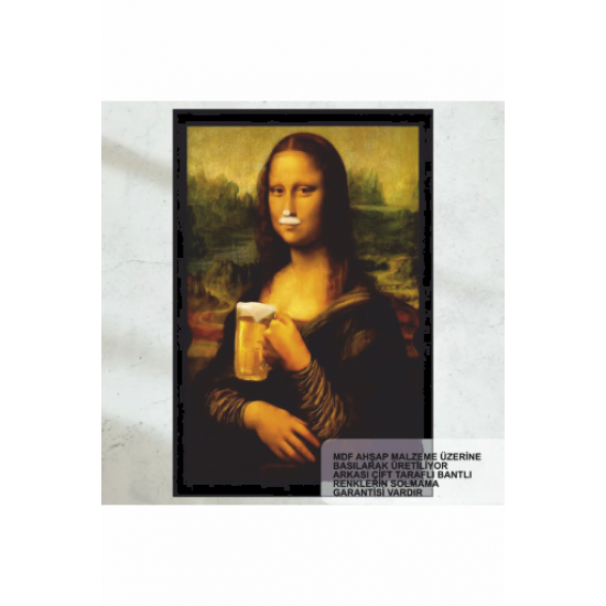 köpüklü bira içen mona lisa tablosu eğlenceli komik retro ahşap poster