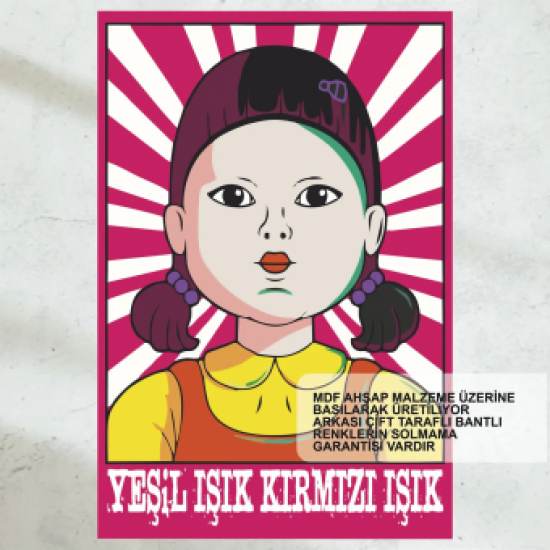 Squid Game yeşil ışık kırmızı ışık oyunu şarkısı oyuncak robot bebek figürü tablosu ahşap poster