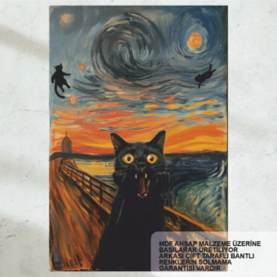 çığlık tablosu kedi versiyon komik esprili tablo retro ahşap poster