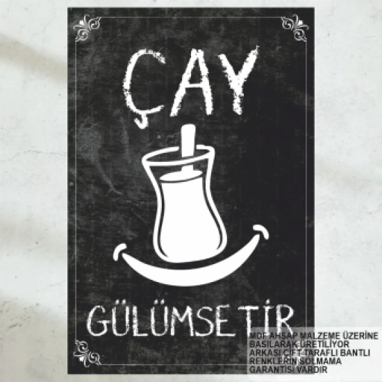 çay emoji çay gülümsetir ev mutfak kafe dekorasyon tablo retro ahşap poster