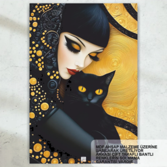 siyah kara kedi ve genç kadın yağlıboya ev dekorasyon tablo retro ahşap poster