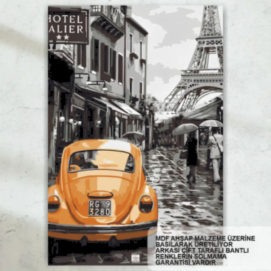 fransa paris eyfel kulesi klasik araba vosvos nostaljik retro ahşap poster tablo