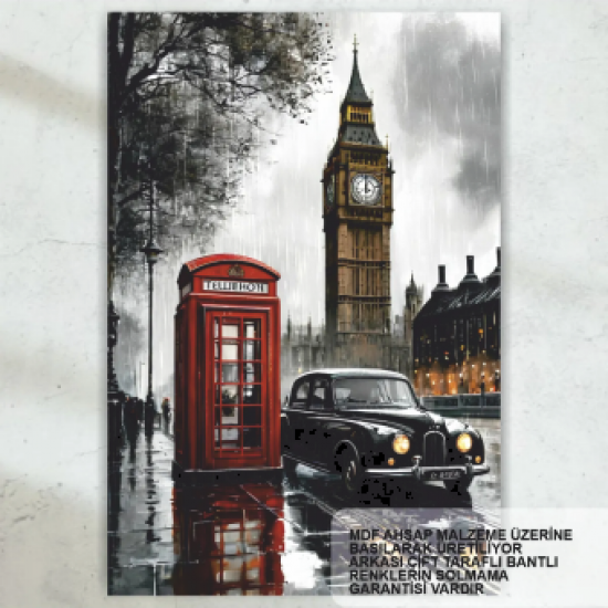 ingiltere londra saat kulesi telefon kulübesi gezi turistik retro ahşap poster tablo