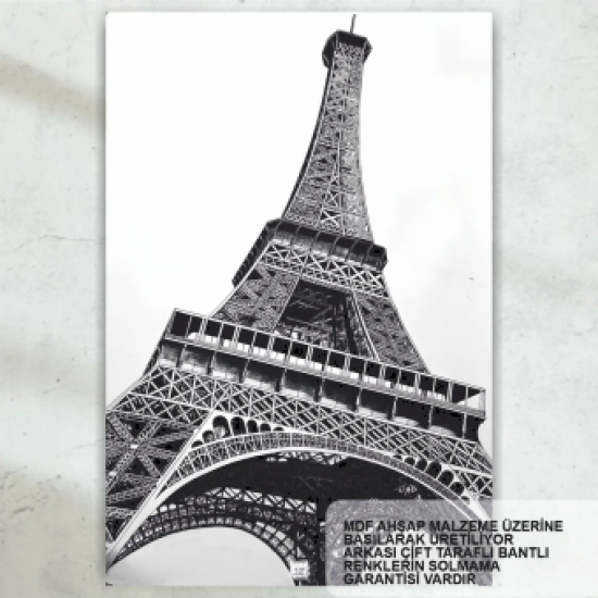 fransa paris eyfel kulesi siyah beyaz fotoğraf retro ahşap poster tablo