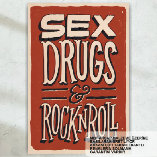 sex drugs rock n roll müzik ev dekorasyon tablo retro ahşap poster